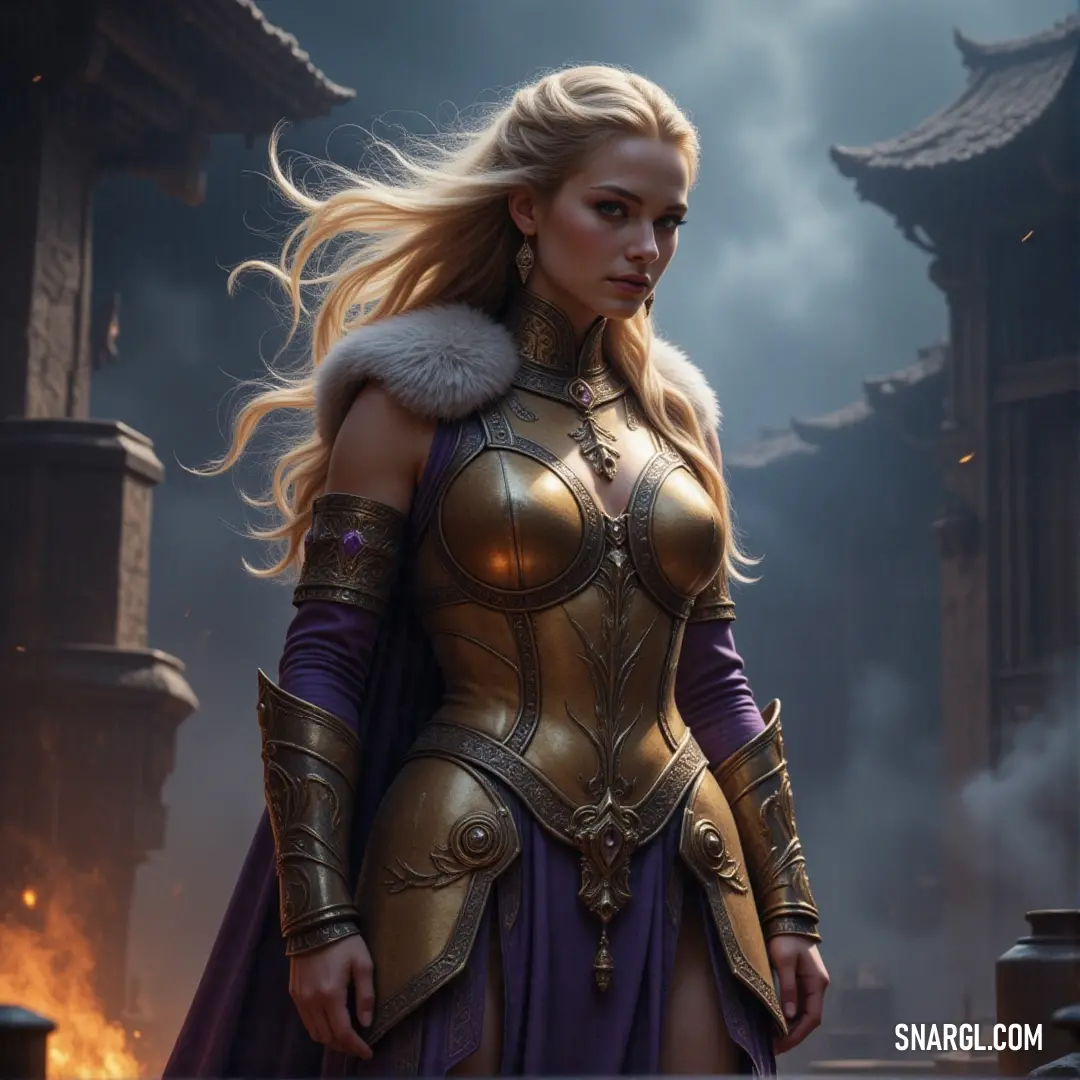 Göndul, clad in a detailed costume with a fur collar, stands strong in front of a fire pit, sword in hand, ready for what’s to come. Göndul stands before a roaring fire pit, her costume accentuated by a fur collar. In her hand, she grips a sword, her powerful presence illuminated by the dancing flames that light up the darkened surroundings.