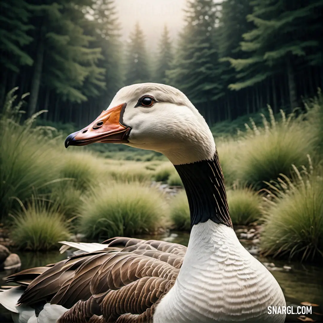 Duck is standing in the water near some grass and trees, with a forest in the background