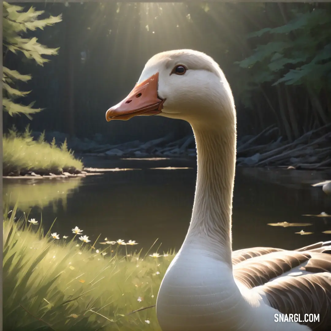Duck is standing in the grass near a pond and trees