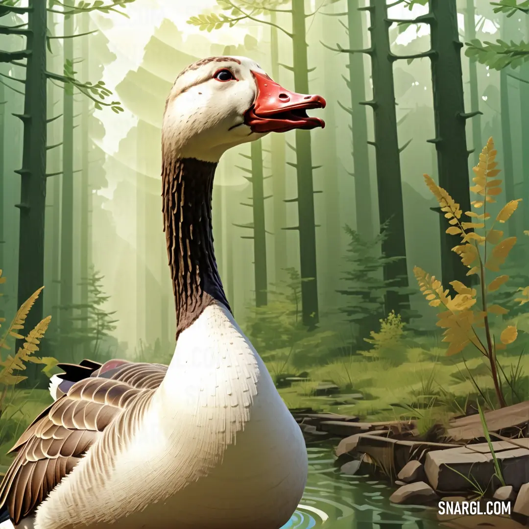 Duck is standing in a pond of water in a forest with tall trees and grass on the ground