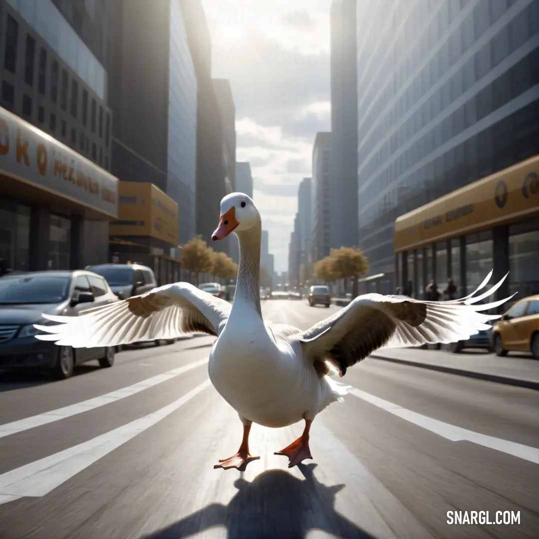 Duck is walking down the street in the city with its wings spread out