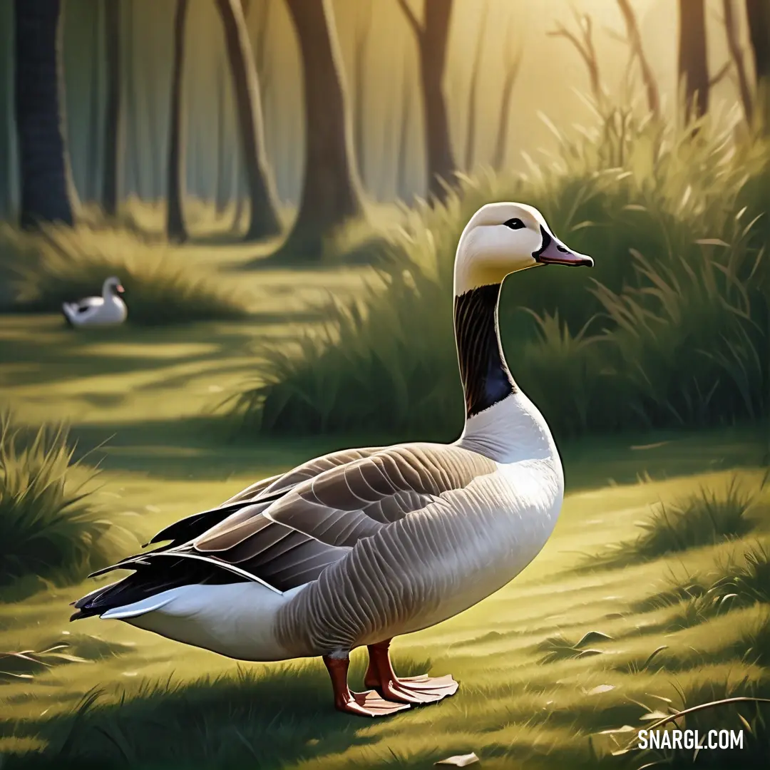 Duck standing in the grass near a forest with ducks in the background