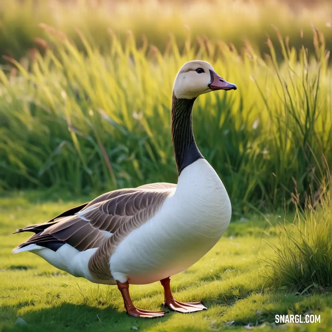 Duck standing in the grass near some tall grass and water plants in the background