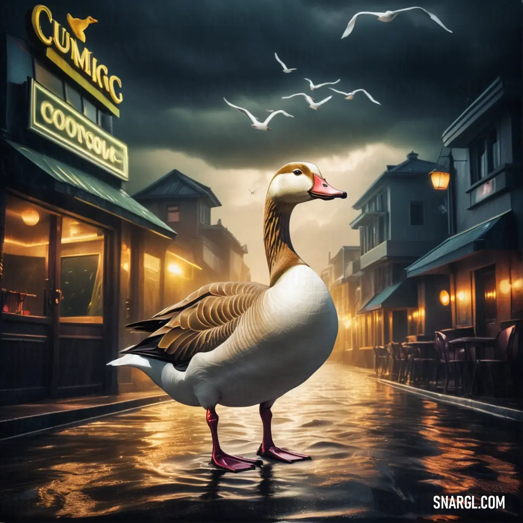 Duck standing in the rain in front of a restaurant with a sign that says columbus on it's front