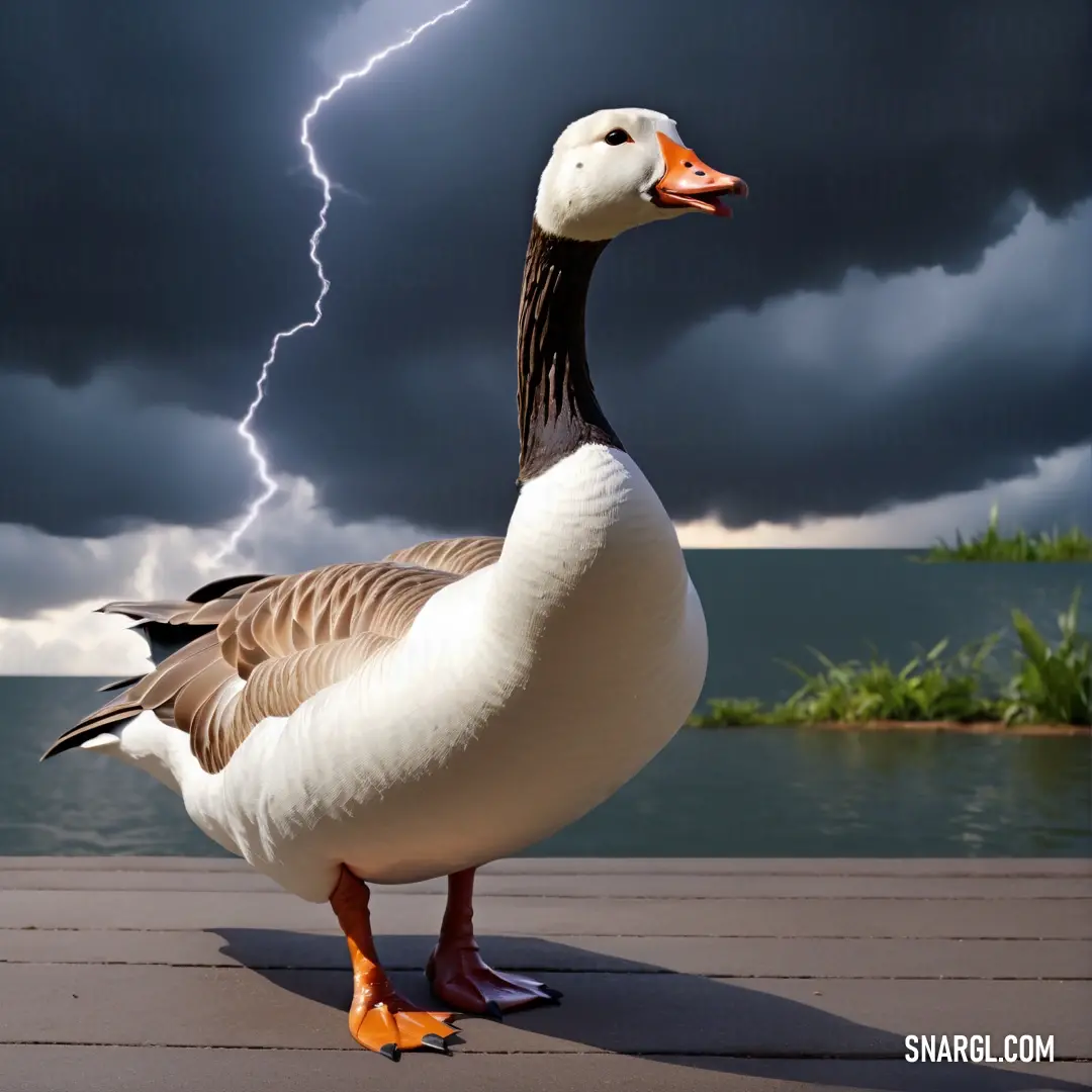 Duck standing on a dock under a storm with a lightning bolt in the background
