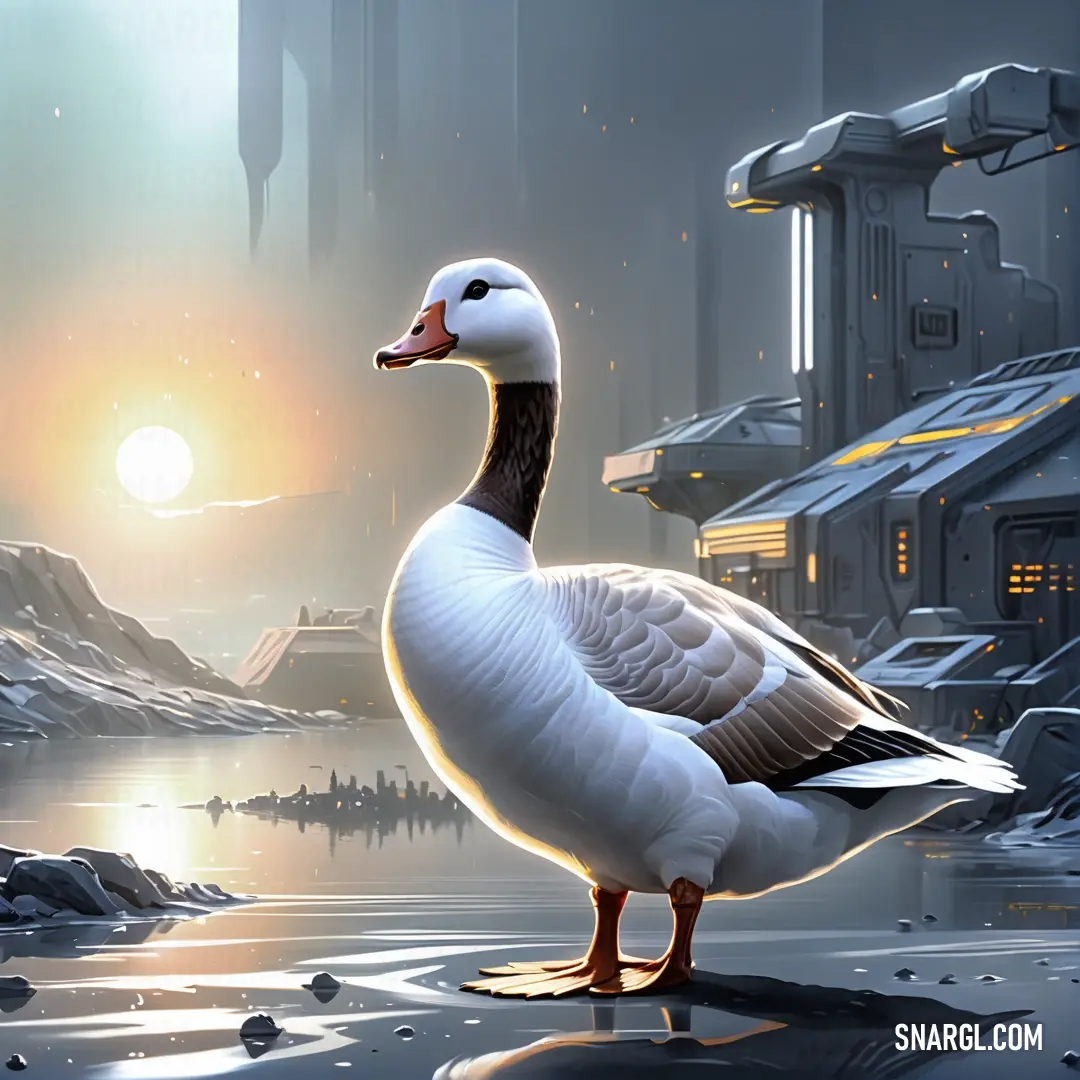 Duck standing on a frozen lake in a futuristic setting with a city in the background