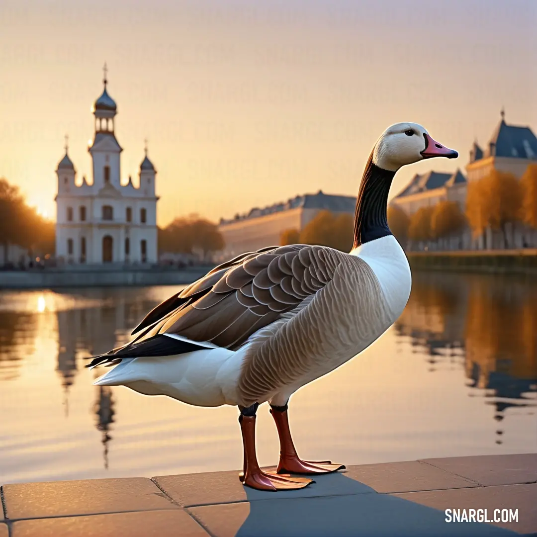 Duck standing on a ledge near a body of water at sunset with a castle in the background