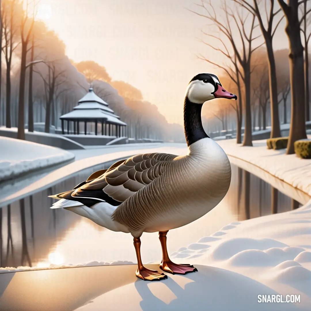 Duck standing on a snowy surface next to a pond and trees with snow on the ground and a gazebo in the background