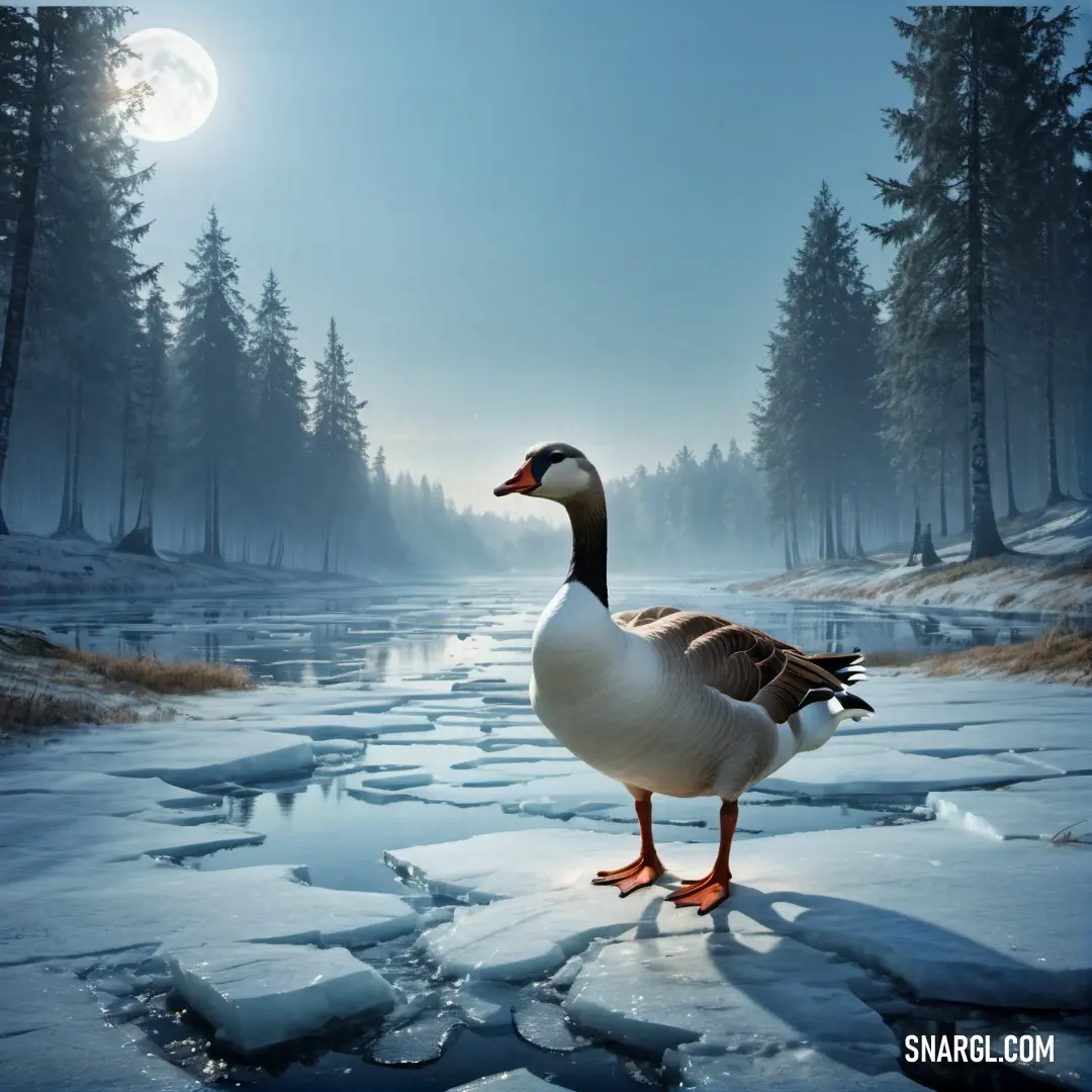 Duck standing on ice in a frozen lake with a full moon in the background