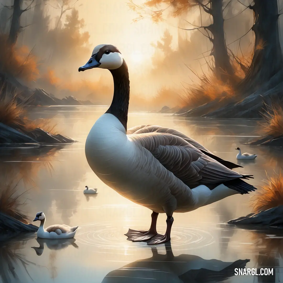 Goose standing on a lake with ducks in the water and trees in the background