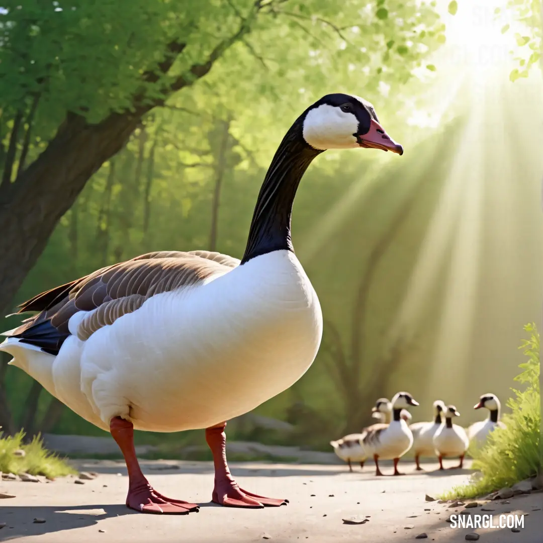 Goose standing on a road with a group of ducks behind it in the background