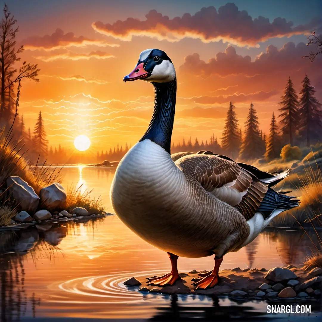 Painting of a duck standing in a lake at sunset