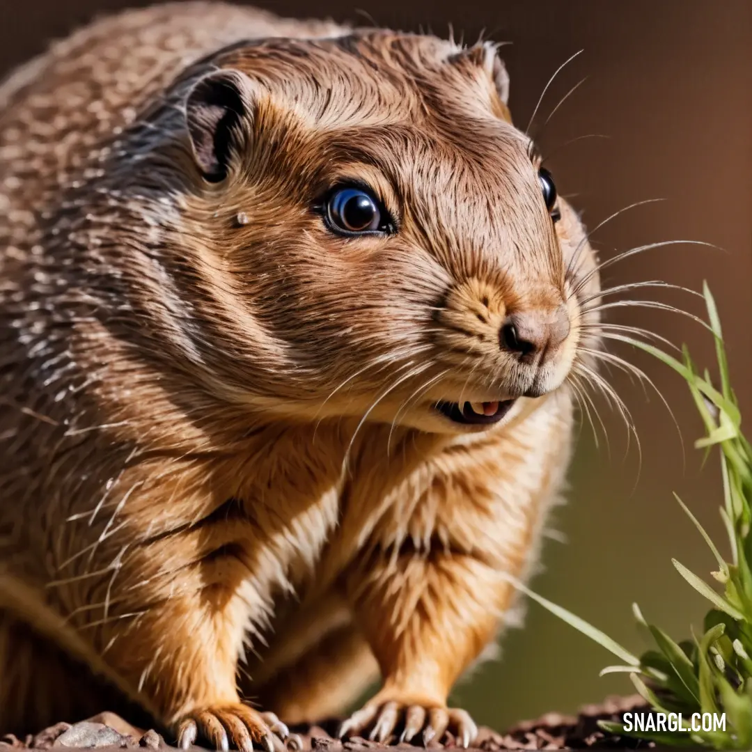 Close up of a small Gopher on a rock with grass in its mouth and a blurry background