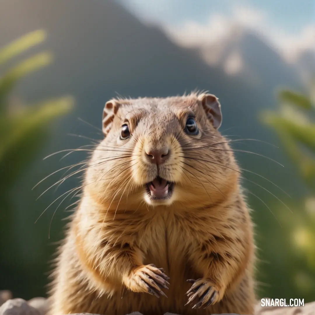 Groundhog is standing on its hind legs and making a funny face with its mouth open