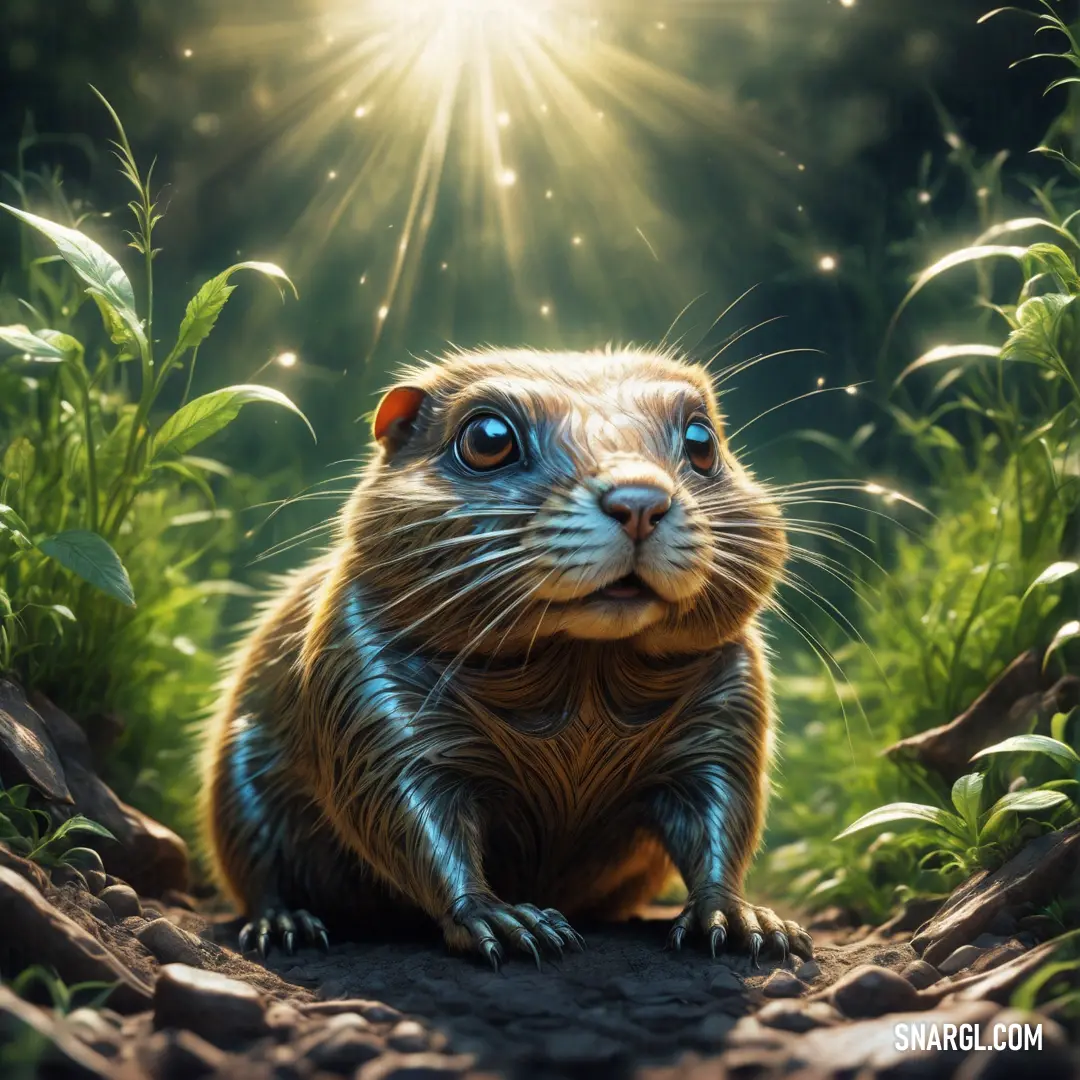 Painting of a groundhog on a rock in the grass with the sun shining behind it and a starburst above it