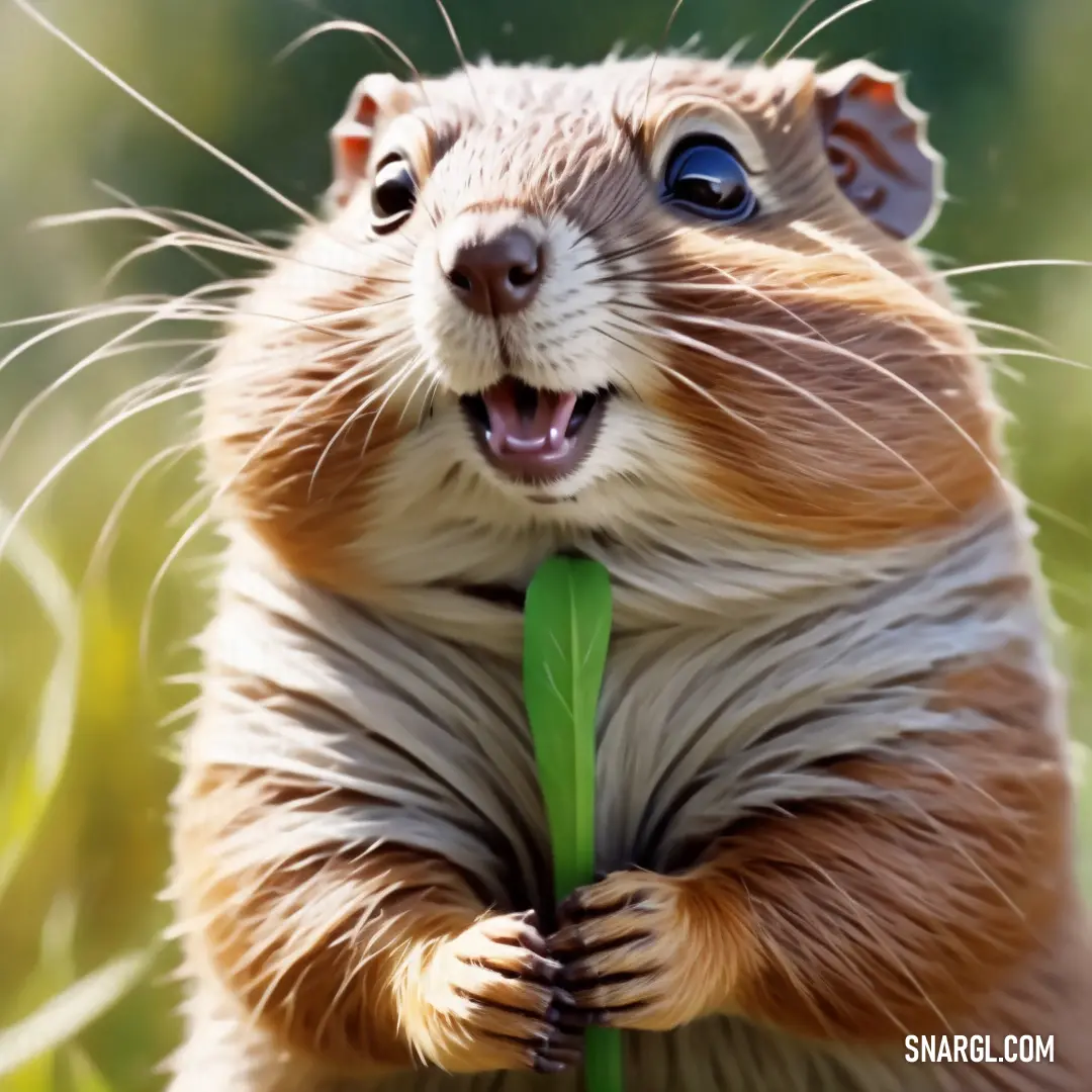 Rodent is holding a green plant in its mouth and smiling at the camera