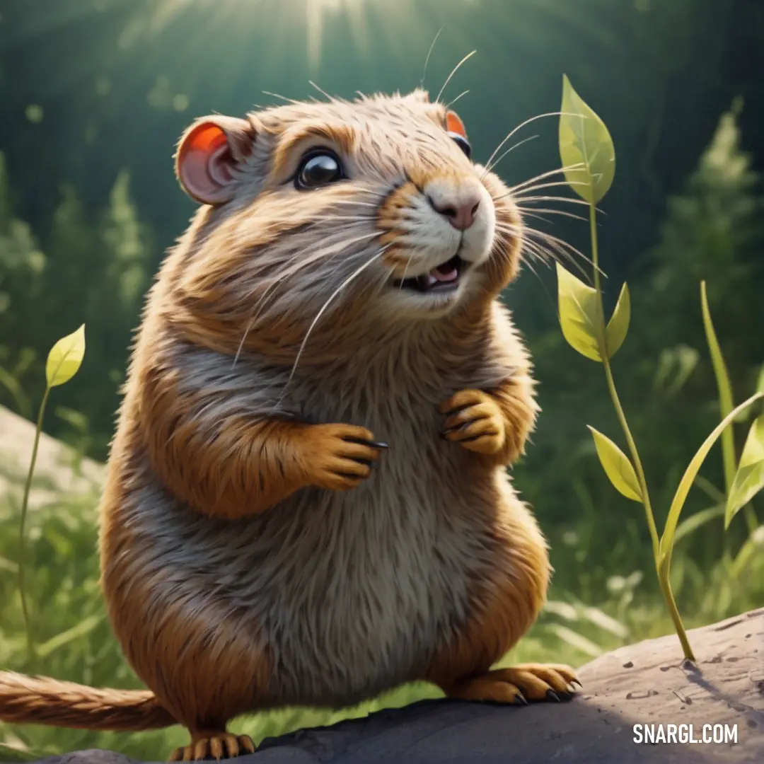 Rodent is standing on its hind legs and looking up at the sky with its eyes open and a green leafy background