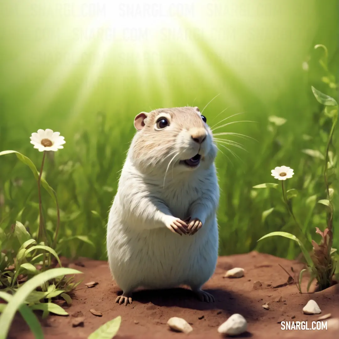 Rodent standing on its hind legs in a field of grass and flowers with the sun shining behind it