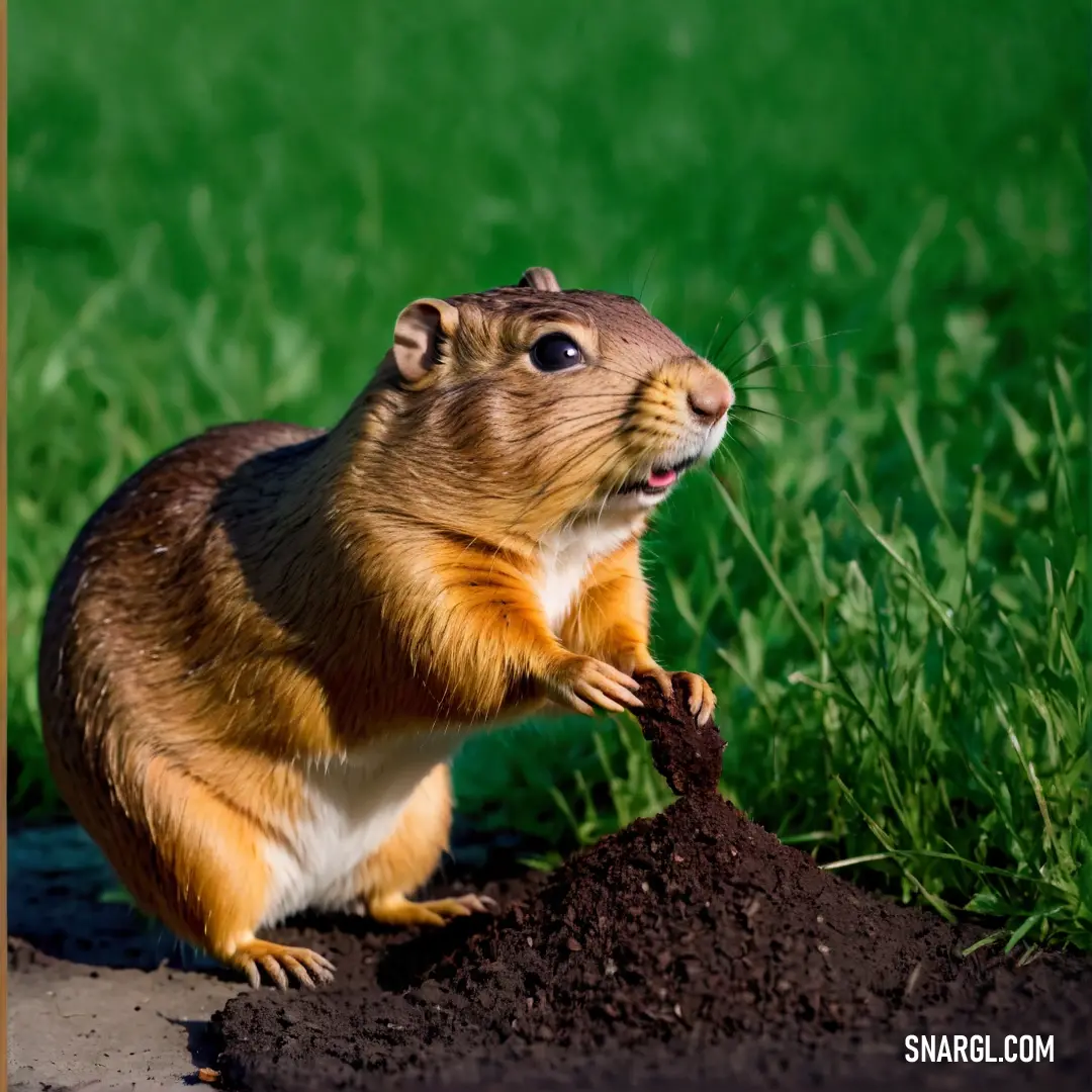Small rodent is standing on its hind legs and looking up at the ground with its mouth open
