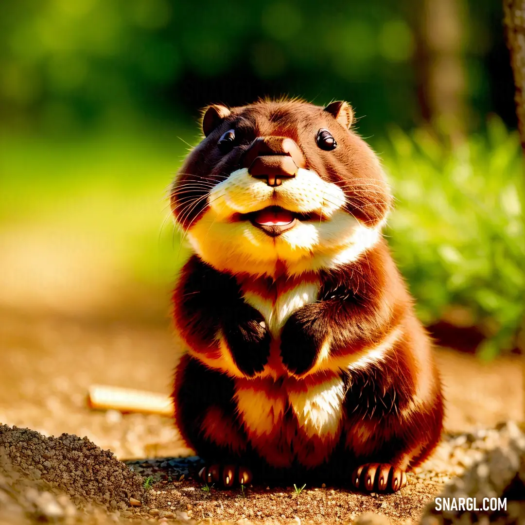 Small rodent on the ground with its mouth open and eyes wide open, with a green background