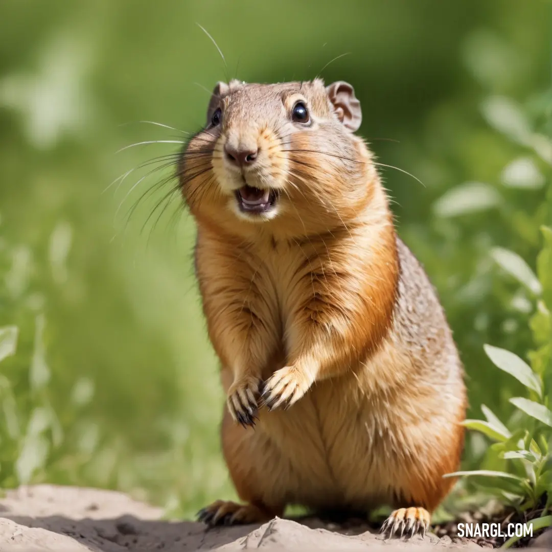 Small rodent standing on its hind legs and looking up at the camera with its mouth open