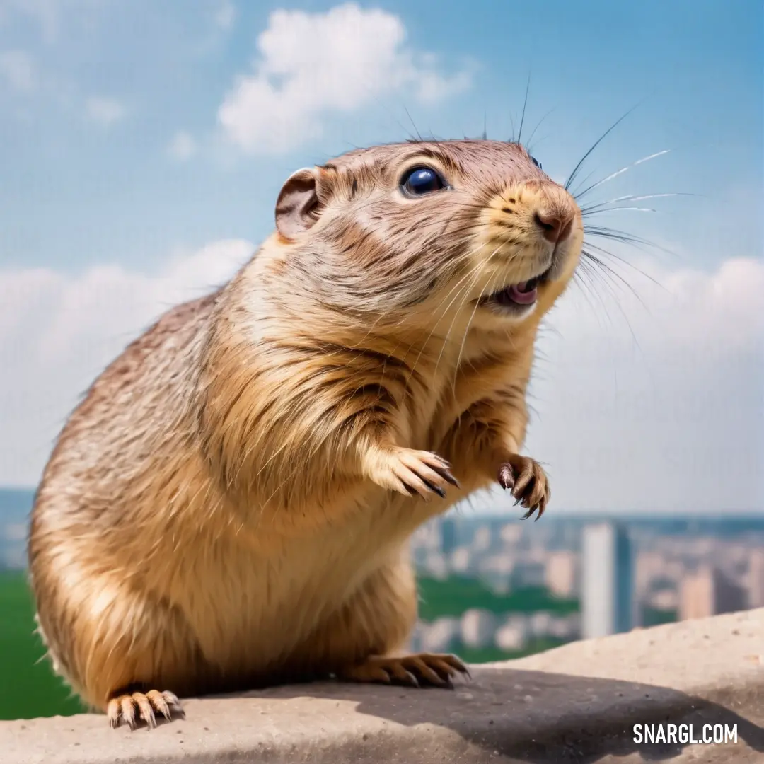Small rodent standing on a rock looking up at the sky with its paws on the ground and its mouth open