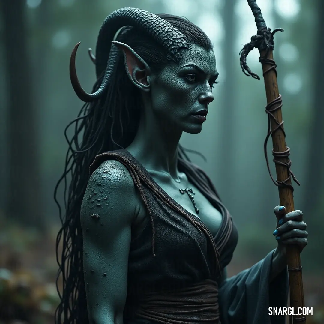 A mystical Gorgon adorned with magnificent horns, wielding a staff as she stands gracefully amidst a lush forest, her crown of leaves blending seamlessly with the surrounding trees.