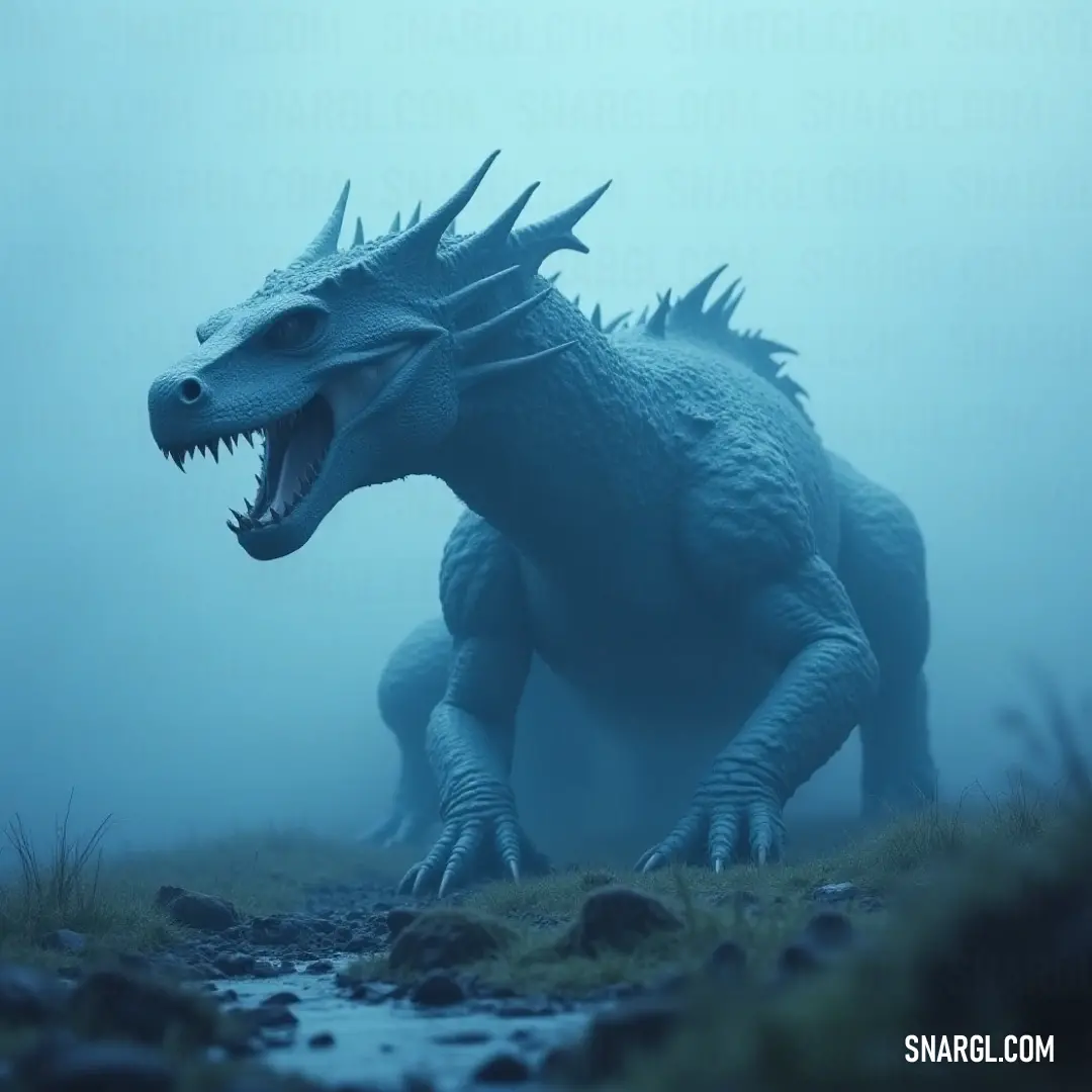A large, fierce white Gorgon of Frost, its sharp teeth glimmering in the mist, stands majestically on a foggy day, while a gentle stream weaves through the enchanted landscape below.