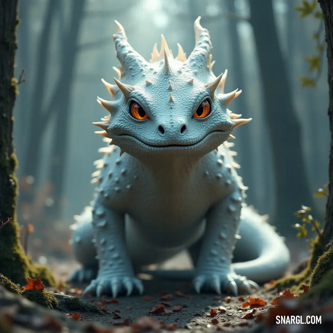 Enchanting Toy Gorgon of Frost gracefully positioned amidst a forest, surrounded by vibrant leaves and ancient trees, embodying the spirit of winter. In a serene forest setting, a striking toy Gorgon of Frost is mesmerized by the beauty of the leaves carpeting the ground, standing defiantly among towering trees, a guardian of icy realms.