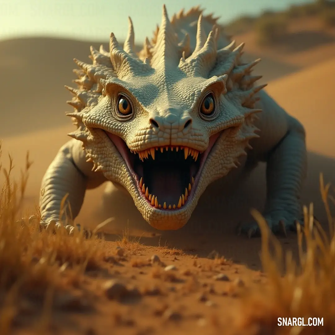 A colorful toy lizard, intricately detailed, catches the sunlight in a vast desert, its mouth wide open and beautiful teeth bared as if to proclaim its dominion over the sandy landscape.