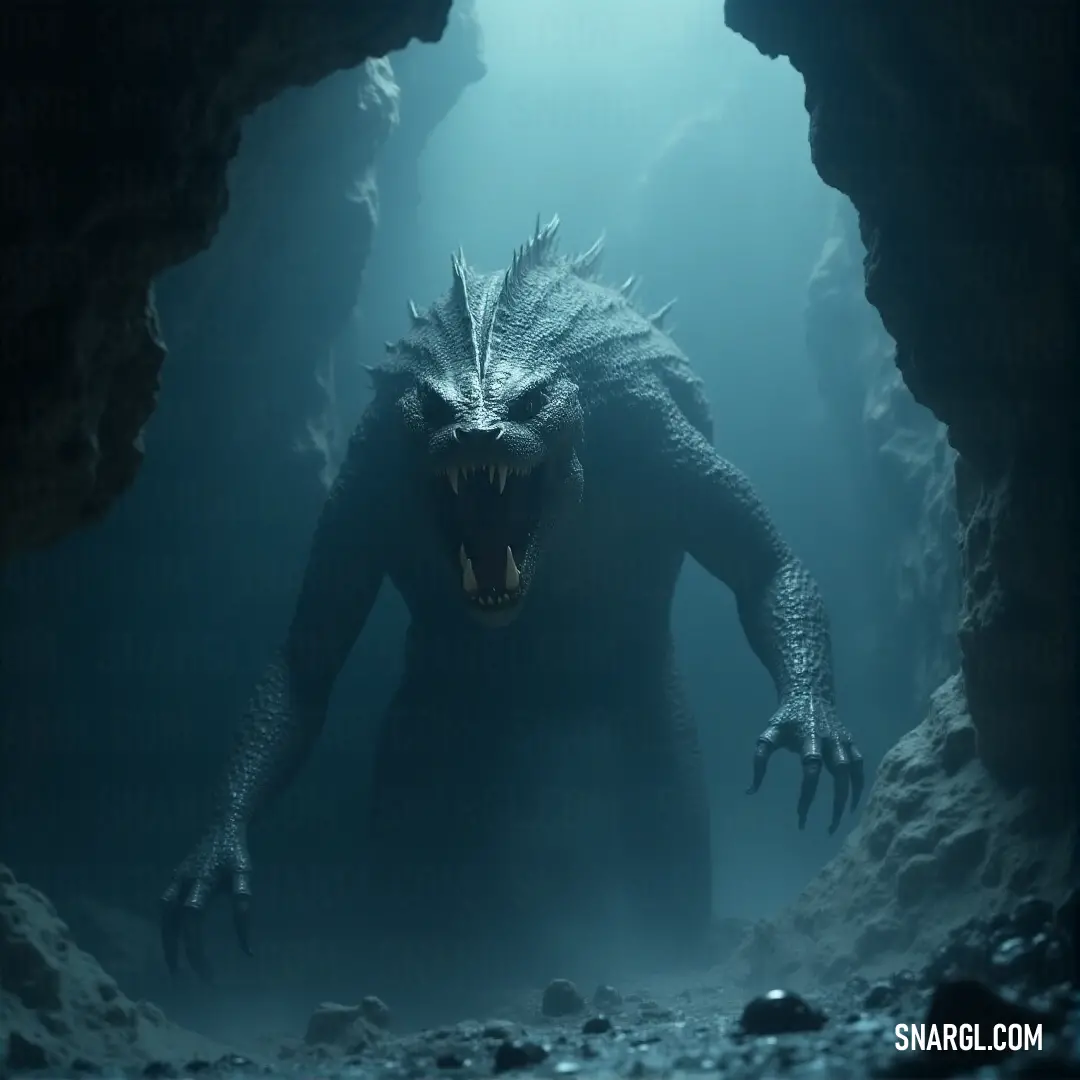 A Gorgon of the Abyss, with its mouth agape, stands in a shadowy cave, surrounded by rocks and water. Its gaze and posture create a chilling, mythical presence. A terrifying Gorgon of the Abyss, its mouth wide open, stands in a cave surrounded by jagged rocks and dark waters. Its presence is foreboding, a mythical creature from the depths of legend.