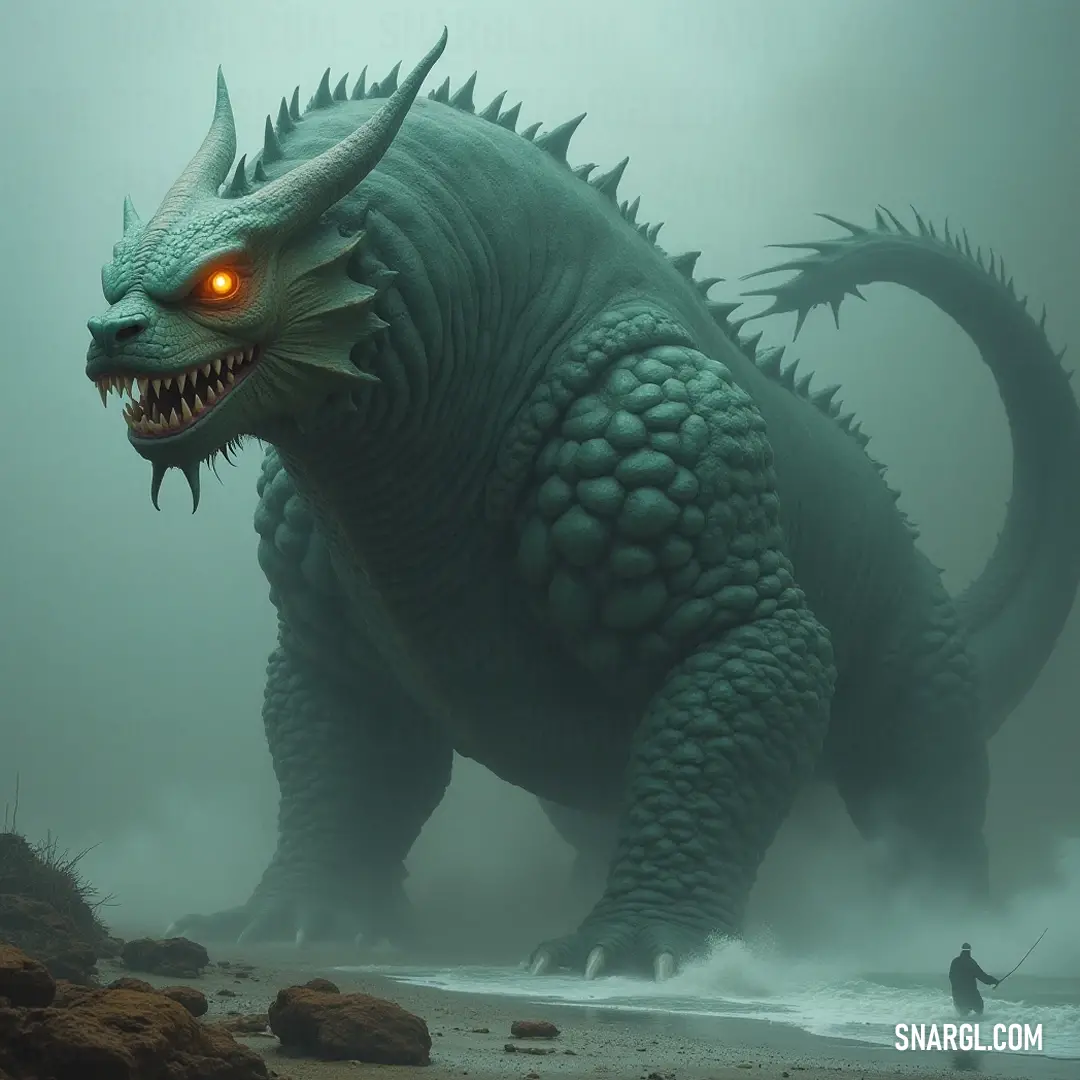 A giant monster adorned with glowing eyes on a tranquil beach, with the Gorgon of the Mist in the distant background. On a tranquil beach, a giant monster with glowing eyes stands majestically, casting a long shadow over the sand, while the Gorgon of the Mist looms hauntingly in the distance, creating a thrilling spectacle.