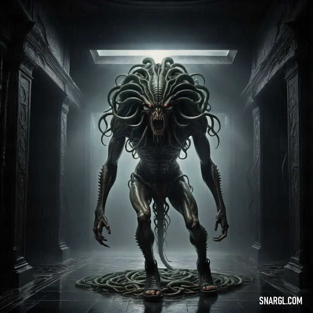 Gorgon with a large head and tentacles in a dark room with a light coming from it's mouth
