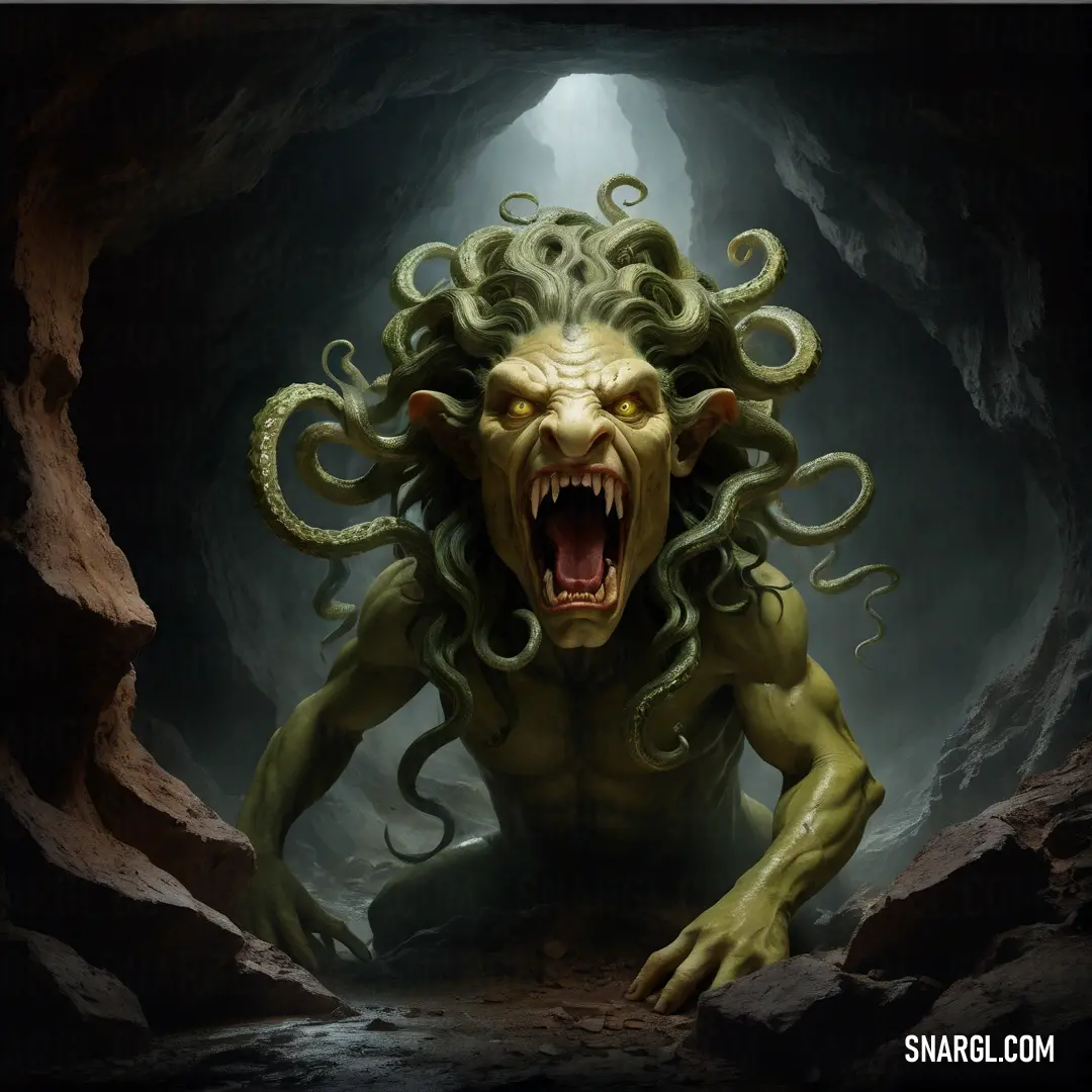 Gorgon with a large mouth and a huge head with tentacles on it's face