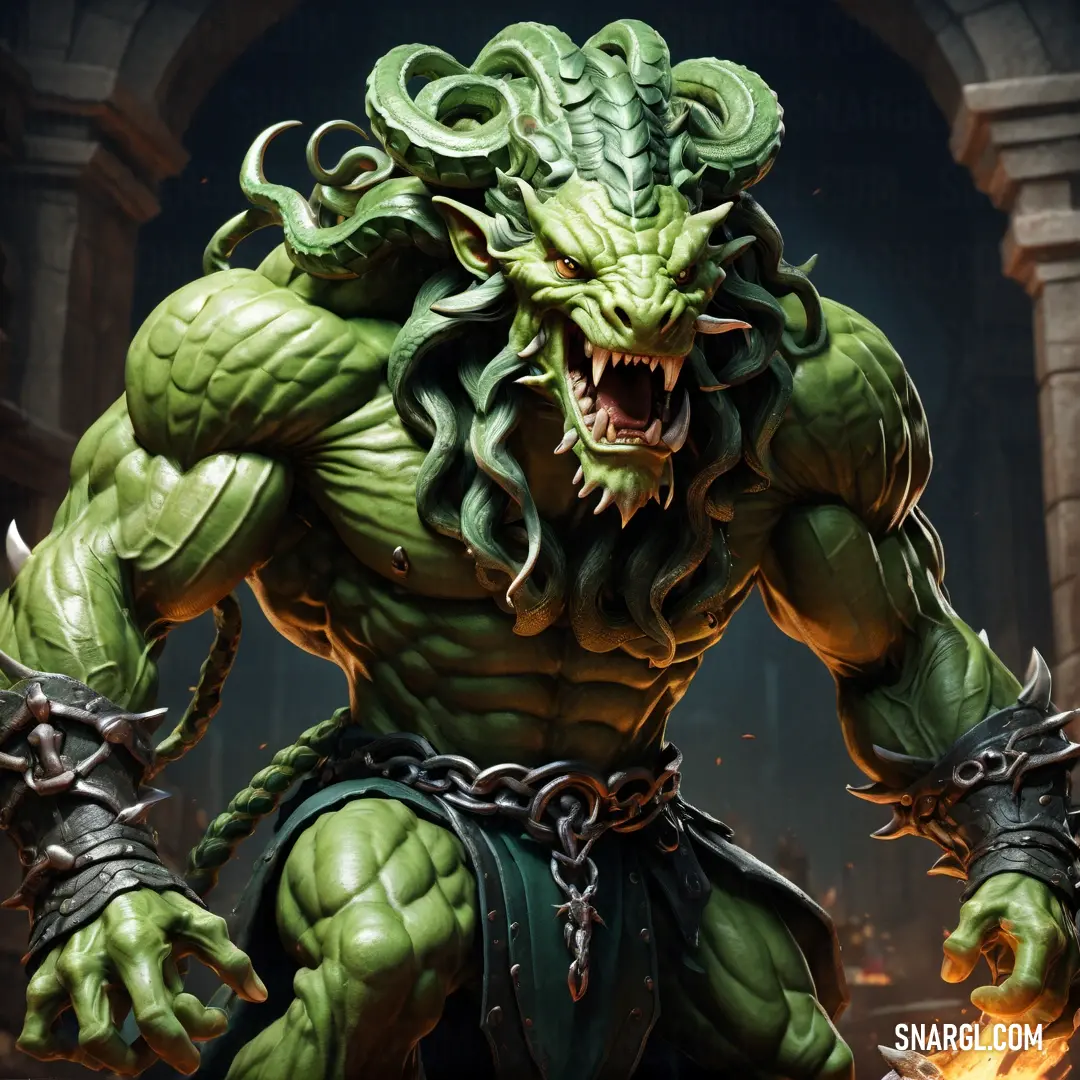 Green Gorgon with a large head and horns on it's face