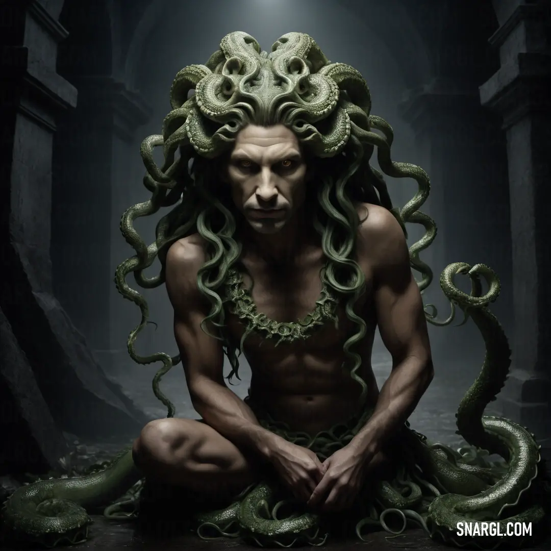 Gorgon with a large head and tentacles on his body in a dark tunnel with a light above him