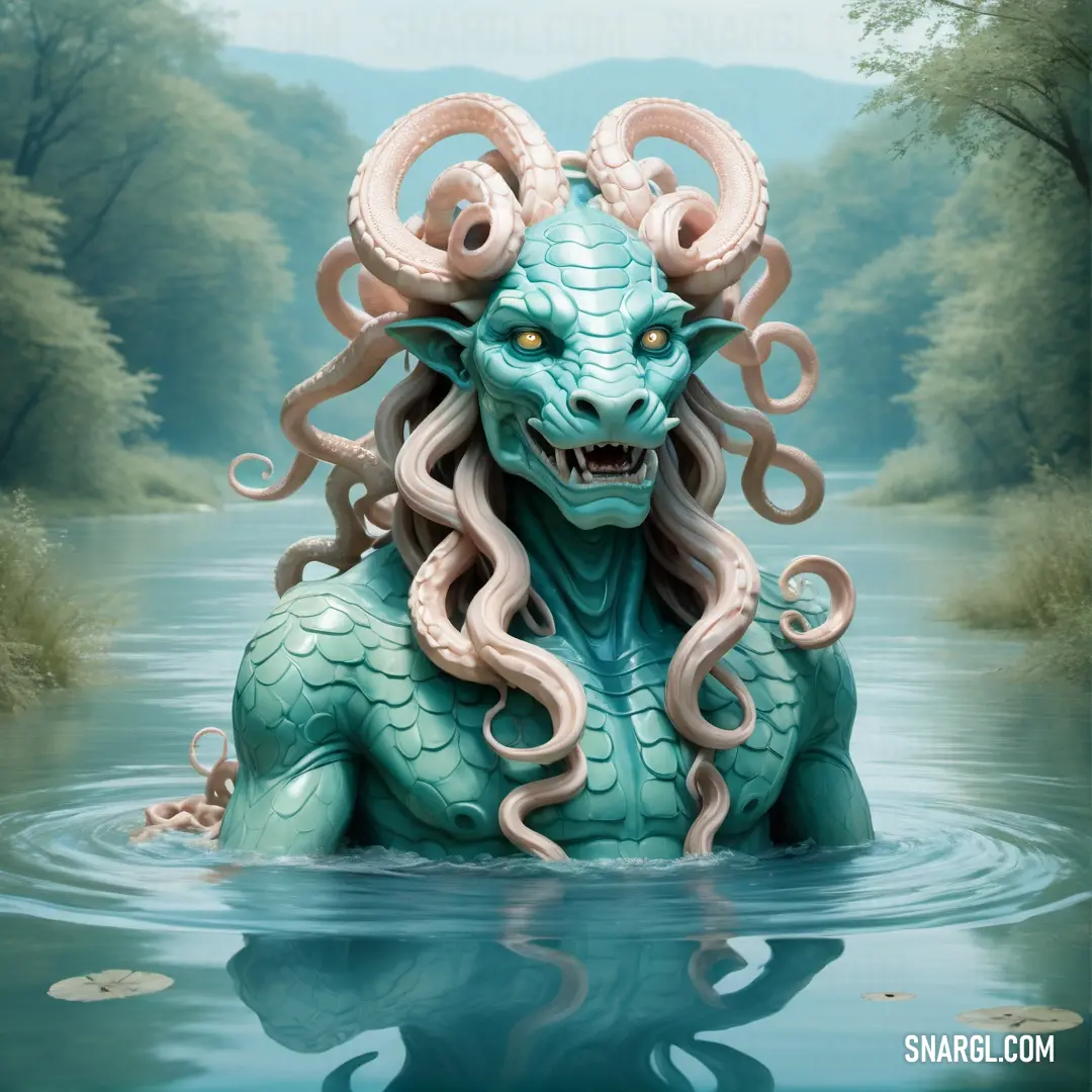 Statue of a Gorgon in a body of water with trees in the background