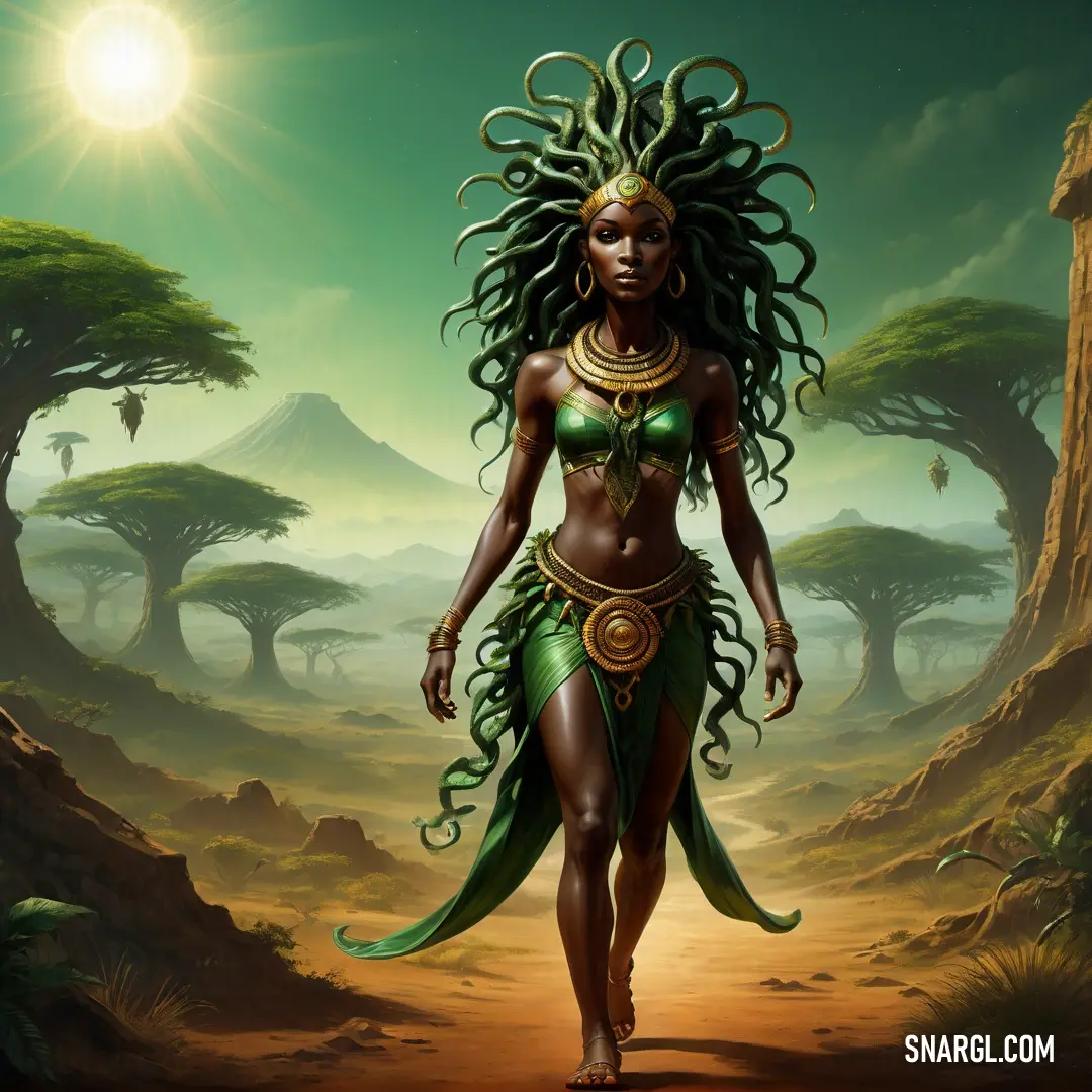 Gorgon in a green costume walking through a forest with trees and rocks in the background