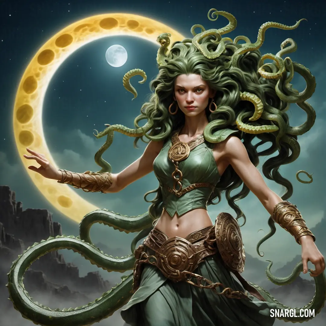 Gorgon with a green dress and a large octopus on her shoulder