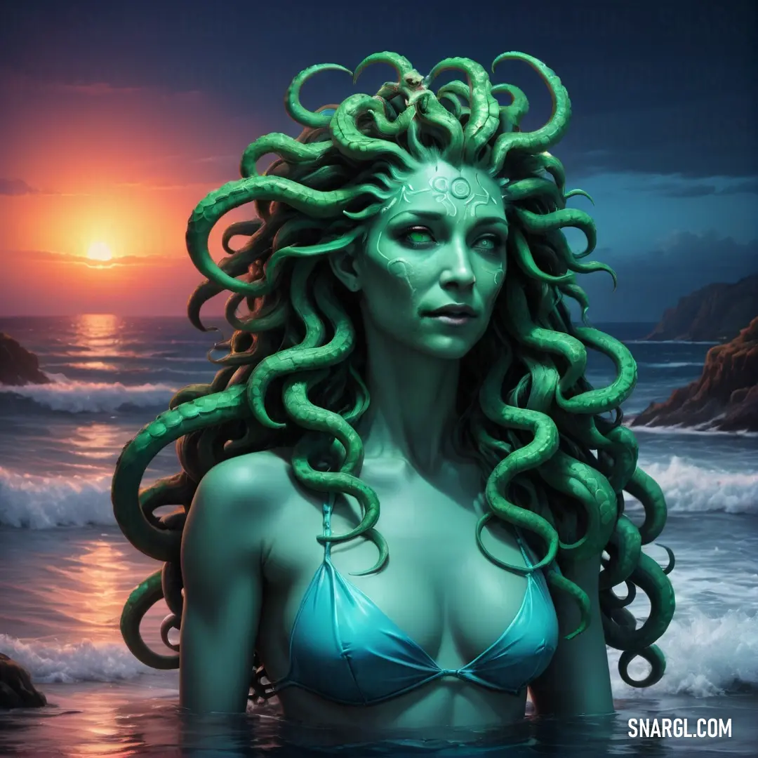 Gorgon with a green hair and a blue bikini in the water with a giant octopus on her head