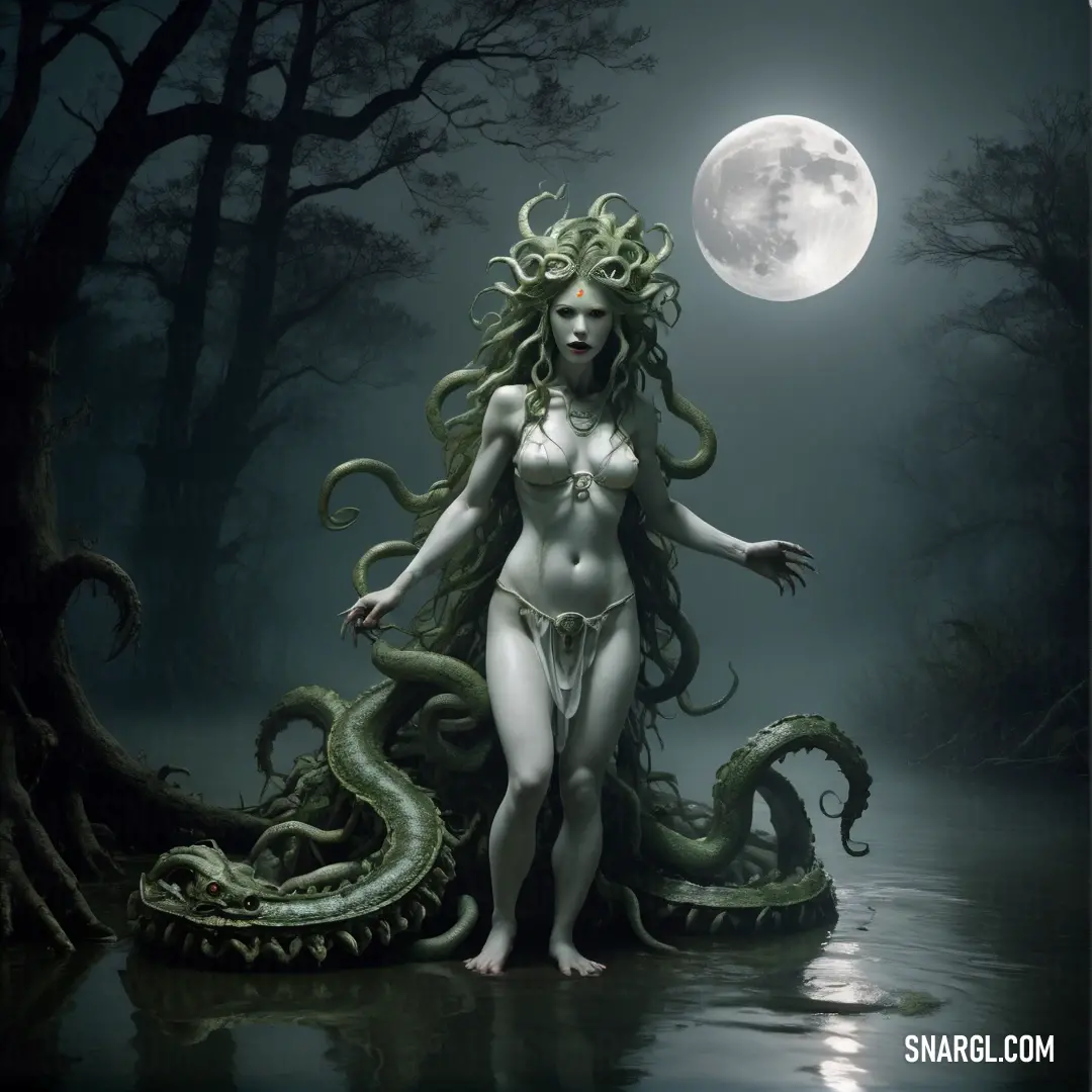 Gorgon with a snake on her body standing in the water with a full moon behind her