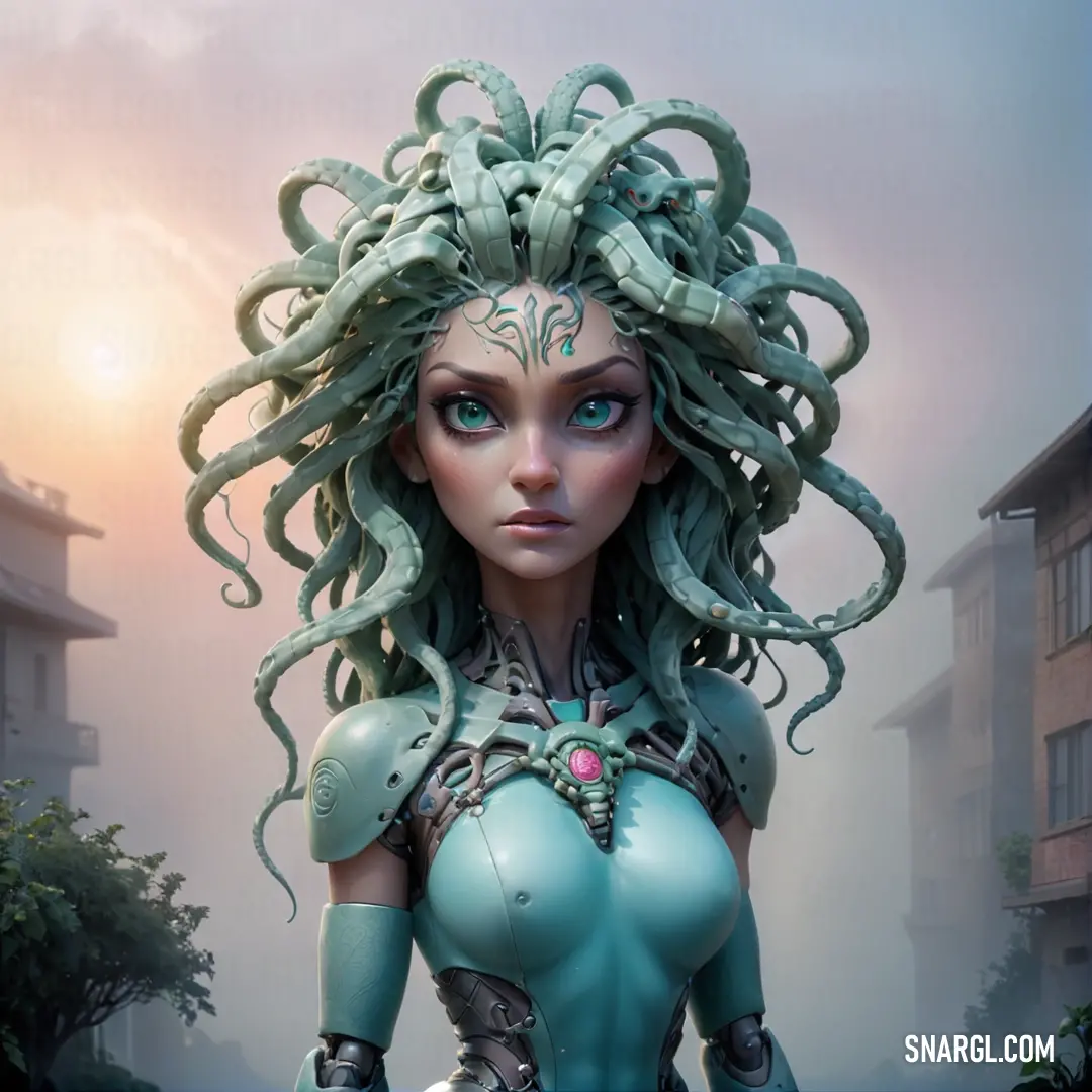 Gorgon with a weird hair and octopus tentacles on her head and body