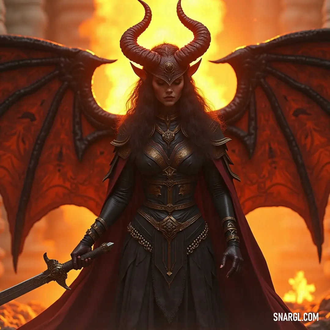 Gorgona with imposing horns and a sword, standing strong against a blaze of fire and chaos. A fierce Gorgona stands tall, her horns curling upwards, gripping a sword tightly in front of an intense fire-filled background that illuminates her determined expression and the fiery chaos around her.