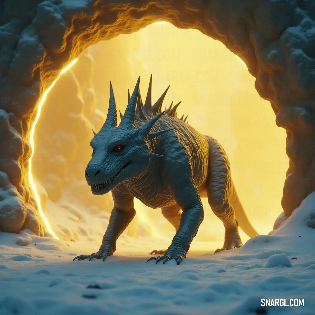 A white Gorgona moves through a snow-covered tunnel, a glowing light shining from the far end. The contrast between the dark surroundings and the light creates an otherworldly ambiance. A white Gorgona walks through a dark, snowy tunnel with bright light shining from the other end. The snow-covered ground and the glowing light behind create an eerie yet mesmerizing atmosphere around the creature.