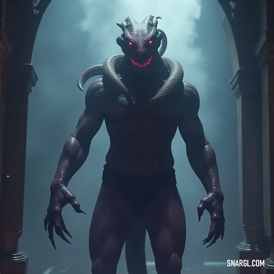 An unsettling Gorgonite emerges from the shadows with a haunting stare, bringing an air of mystery to the dimly lit space. An eerie Gorgonite with a sinister grin and hollow eyes looms in a shadowy room, partially illuminated by a ghostly light that highlights its unnerving features and creates a chilling atmosphere.