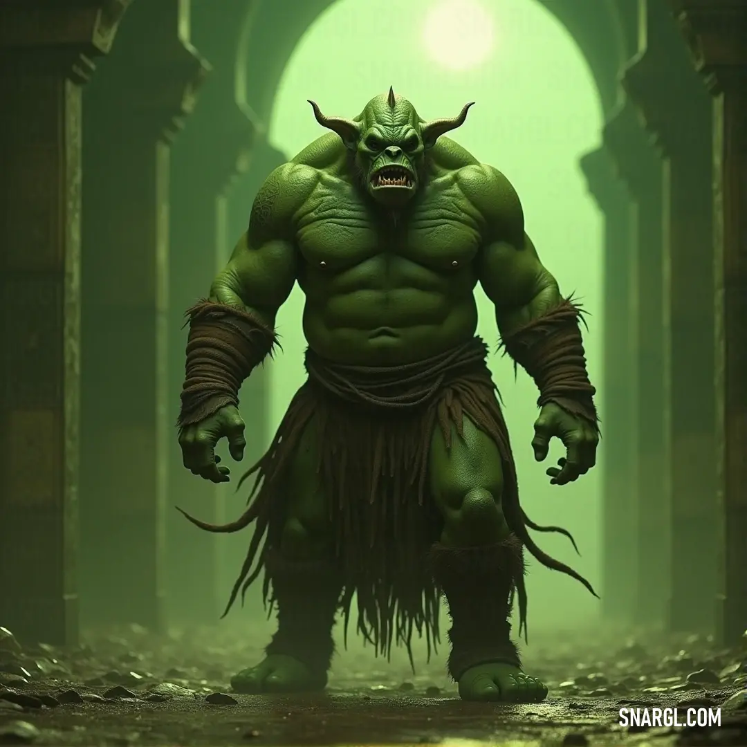 A green-skinned Gorik with horns and a long, flowing skirt strides confidently through an ancient stone tunnel. The towering arches and columns provide a grand backdrop, highlighting his unique appearance in the mysterious setting.
