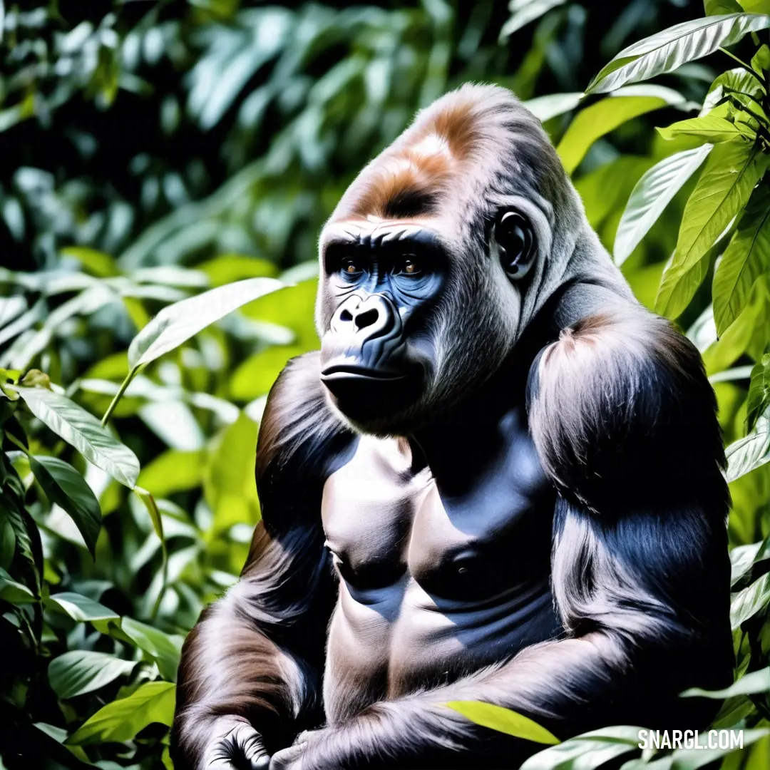 Gorilla in the middle of a forest of trees and leaves