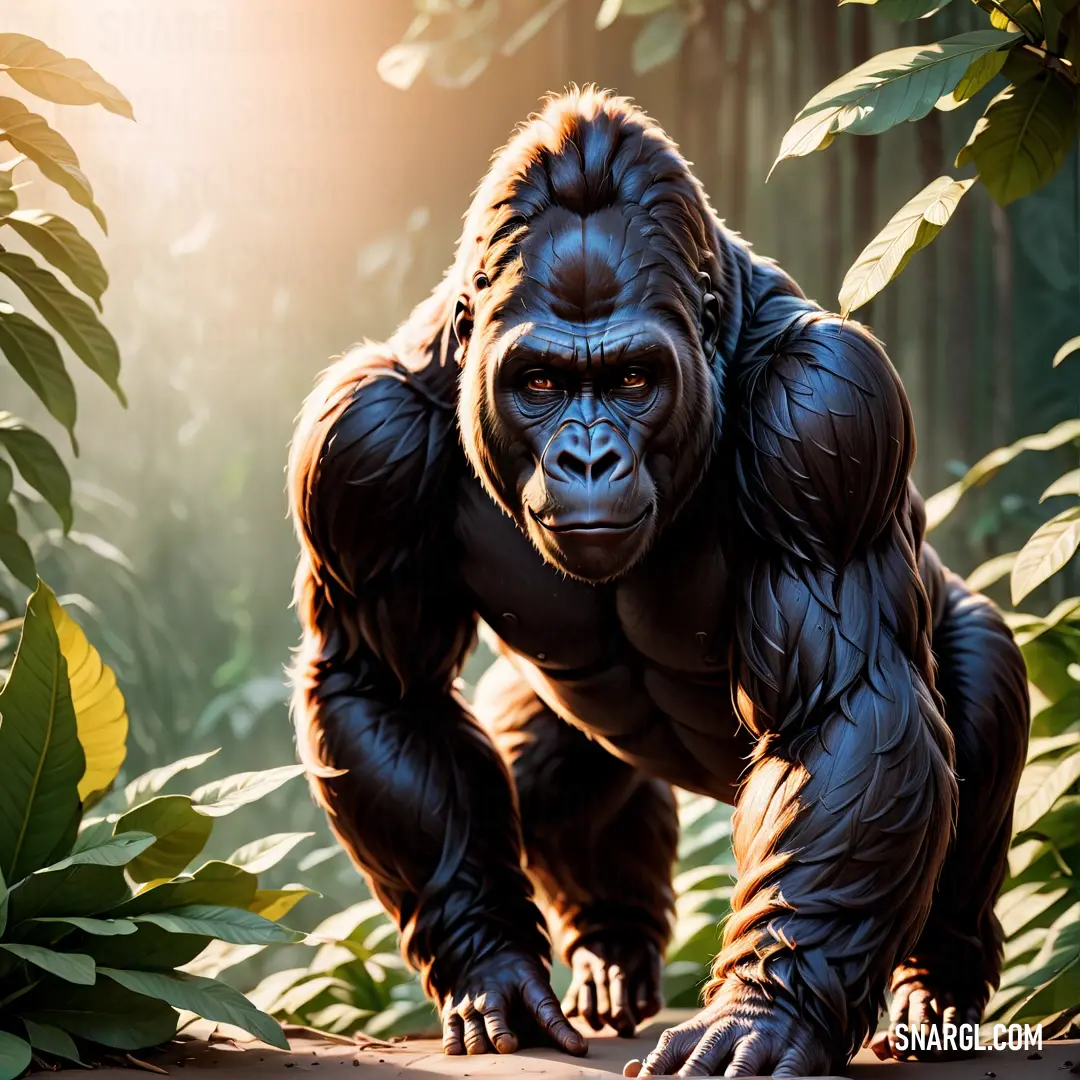Gorilla standing in the middle of a jungle with trees and plants around it and sunlight shining through the leaves