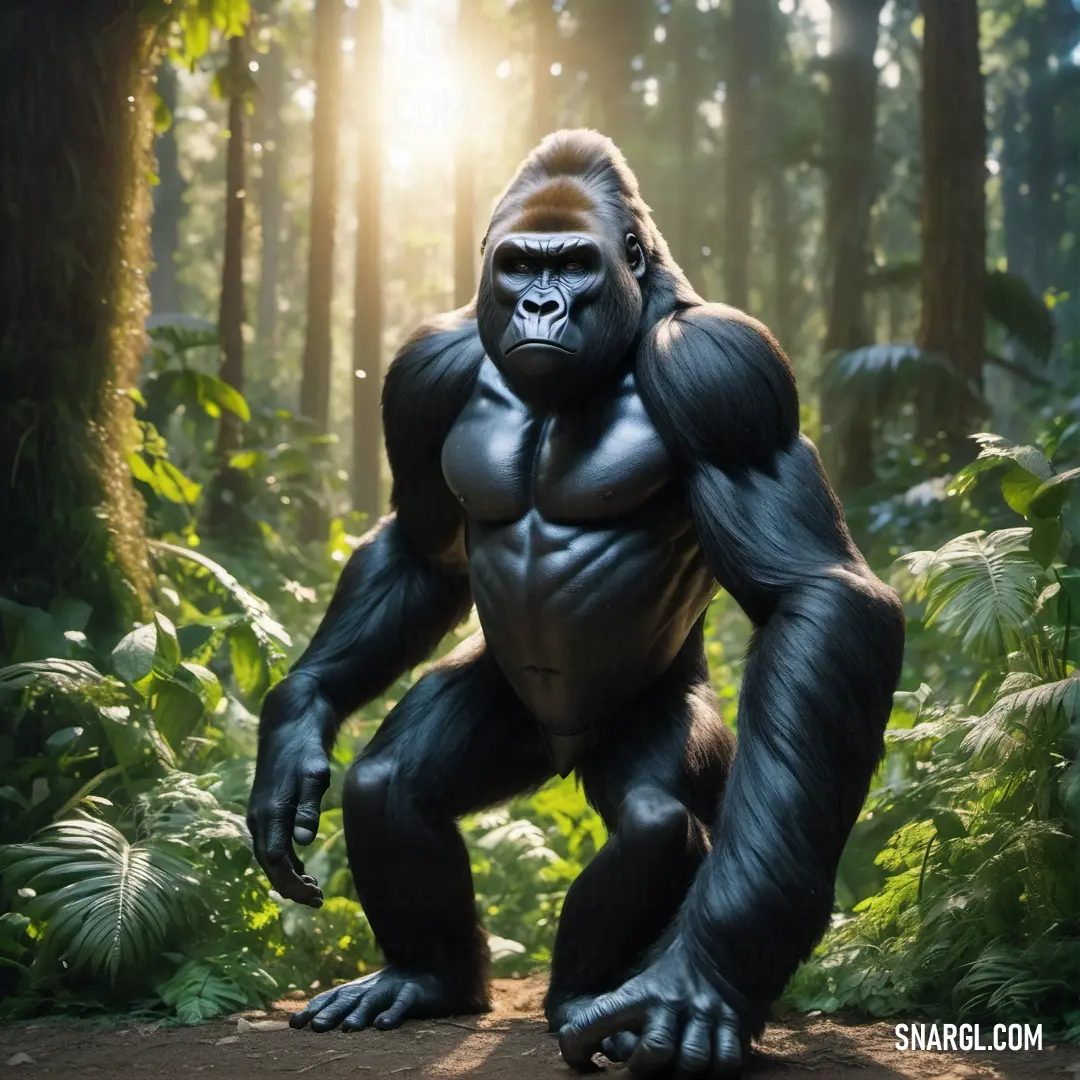 Gorilla standing in the middle of a forest with trees and bushes around it