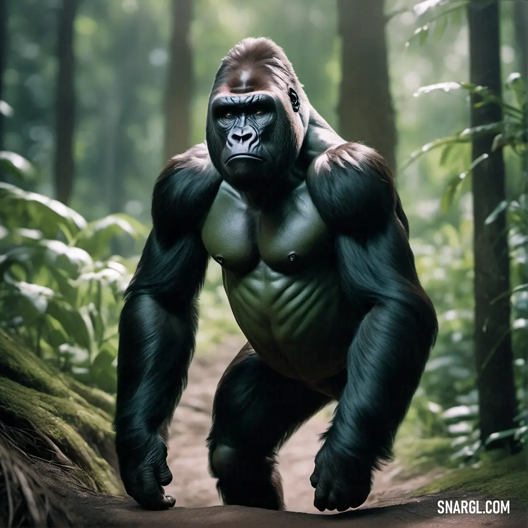 Gorilla standing in the middle of a forest with trees and bushes behind it